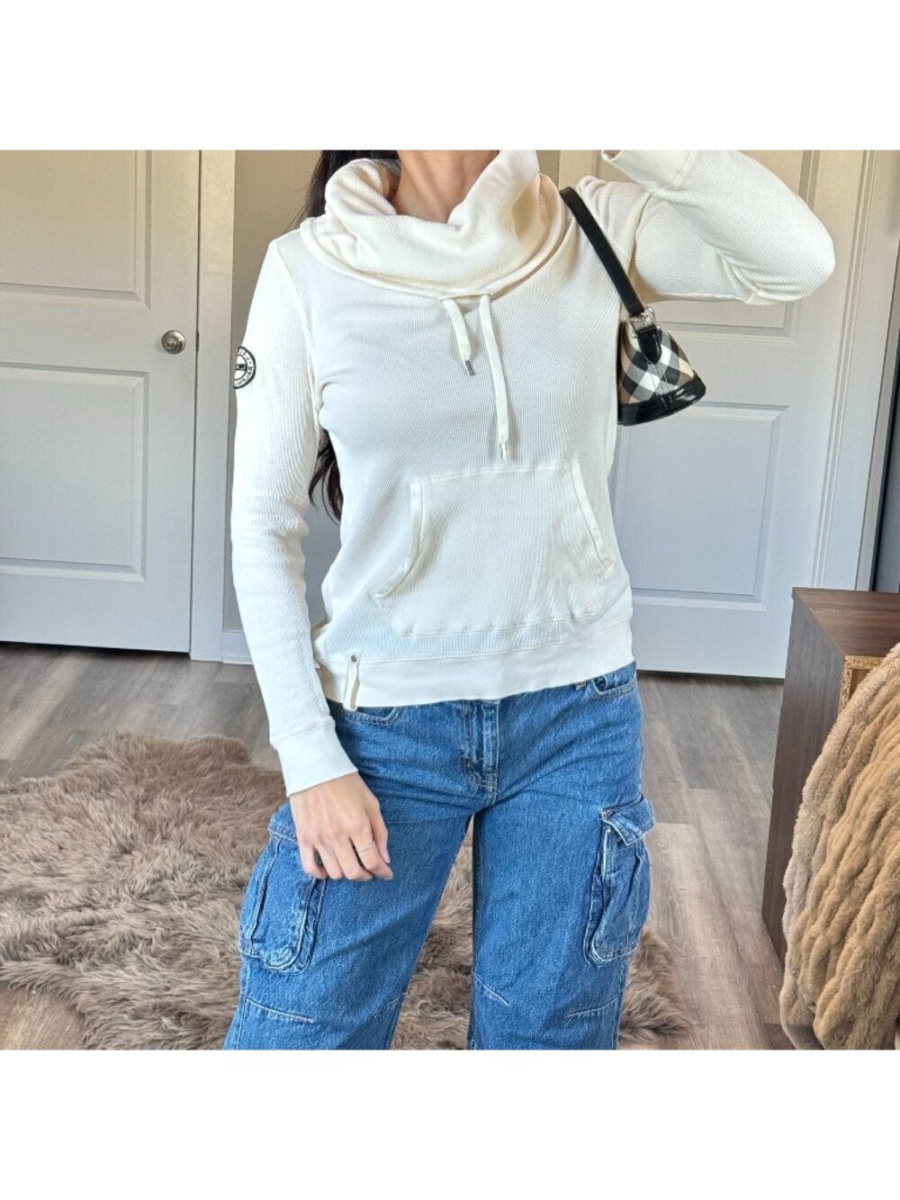 Lauren Ralph Lauren Ivory Waffle Knit Cowl Neck Sweater Sz Small Nautical Preppy